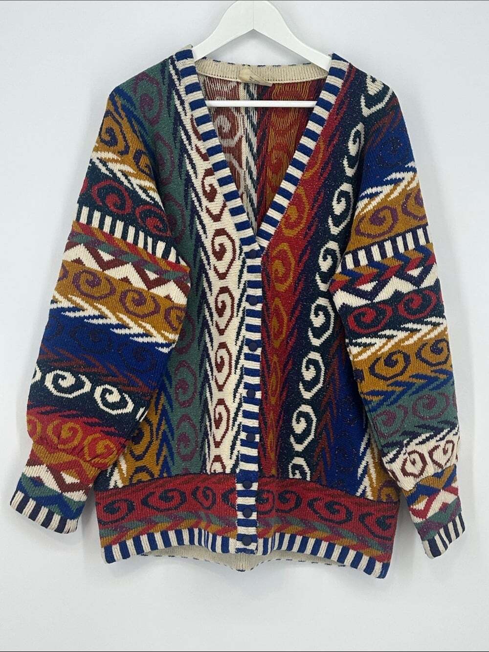 Multi-Color Patterned Women’s Sweater Cardigan - 100% Wool
